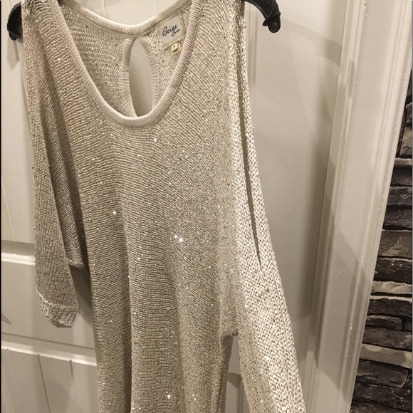 Sexy beige rhinestone dress with shoulder cut - Picture 6 of 6